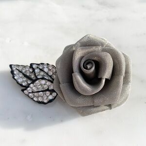 Vintage Silver Rose Brooch with Bejeweled Leaf